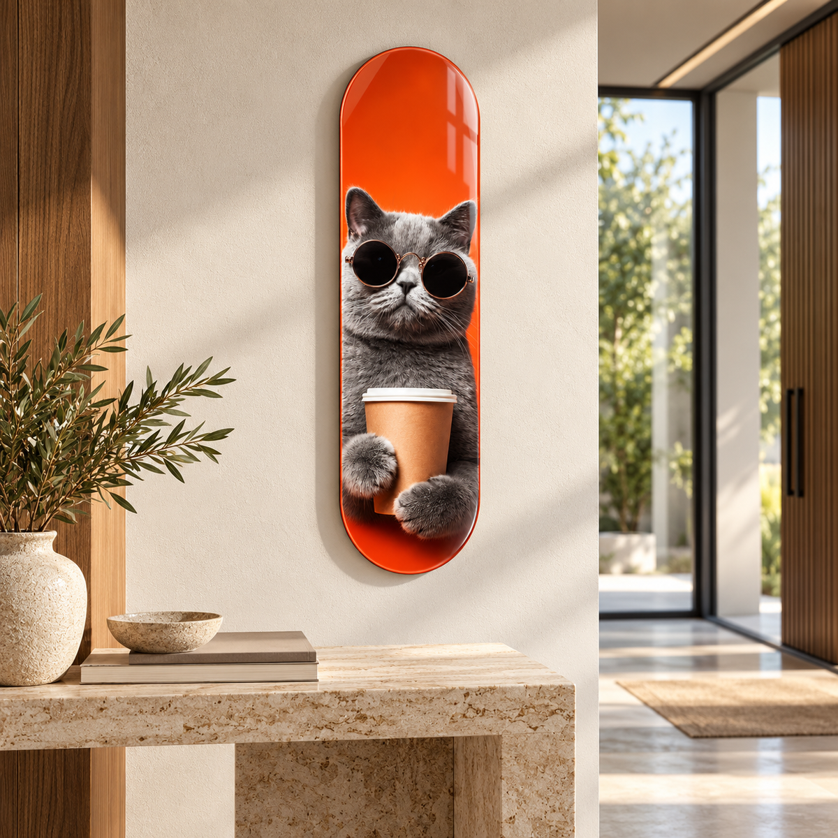 Gözlüklü Kahveci Kedi Dikey Skate Board Cam Tablo – Antre