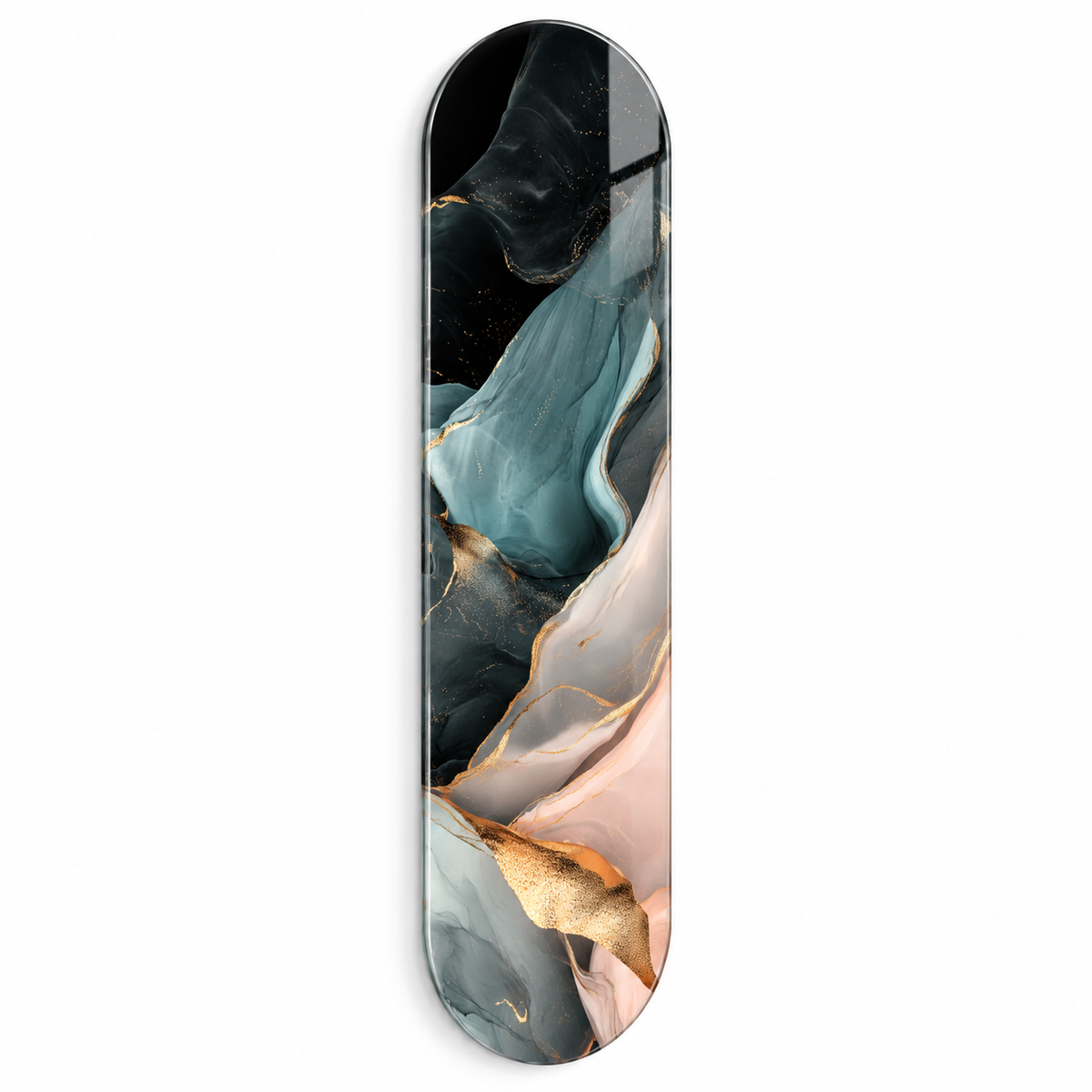 Petrol Mavisi, Pudra ve Gold Soyut Dikey Skate Board Cam Tablo – Beyaz vitrin