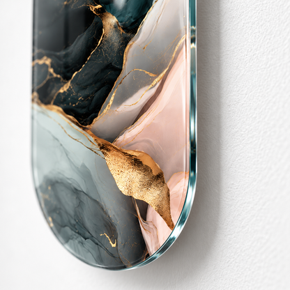 Petrol Mavisi, Pudra ve Gold Soyut Dikey Skate Board Cam Tablo – Cam kenarı detayı