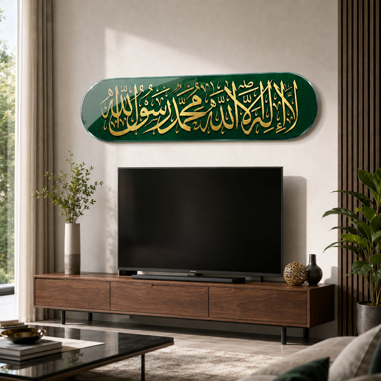 Yeşil gold Kelime-i Tevhid Skate Board yatay cam tablo salon mockup