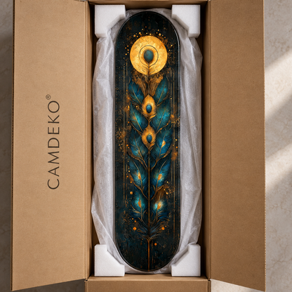 CAMDEKO güvenli paketleme - turkuaz ve altın tavuskuşu tüyü Skate Board cam tablo
