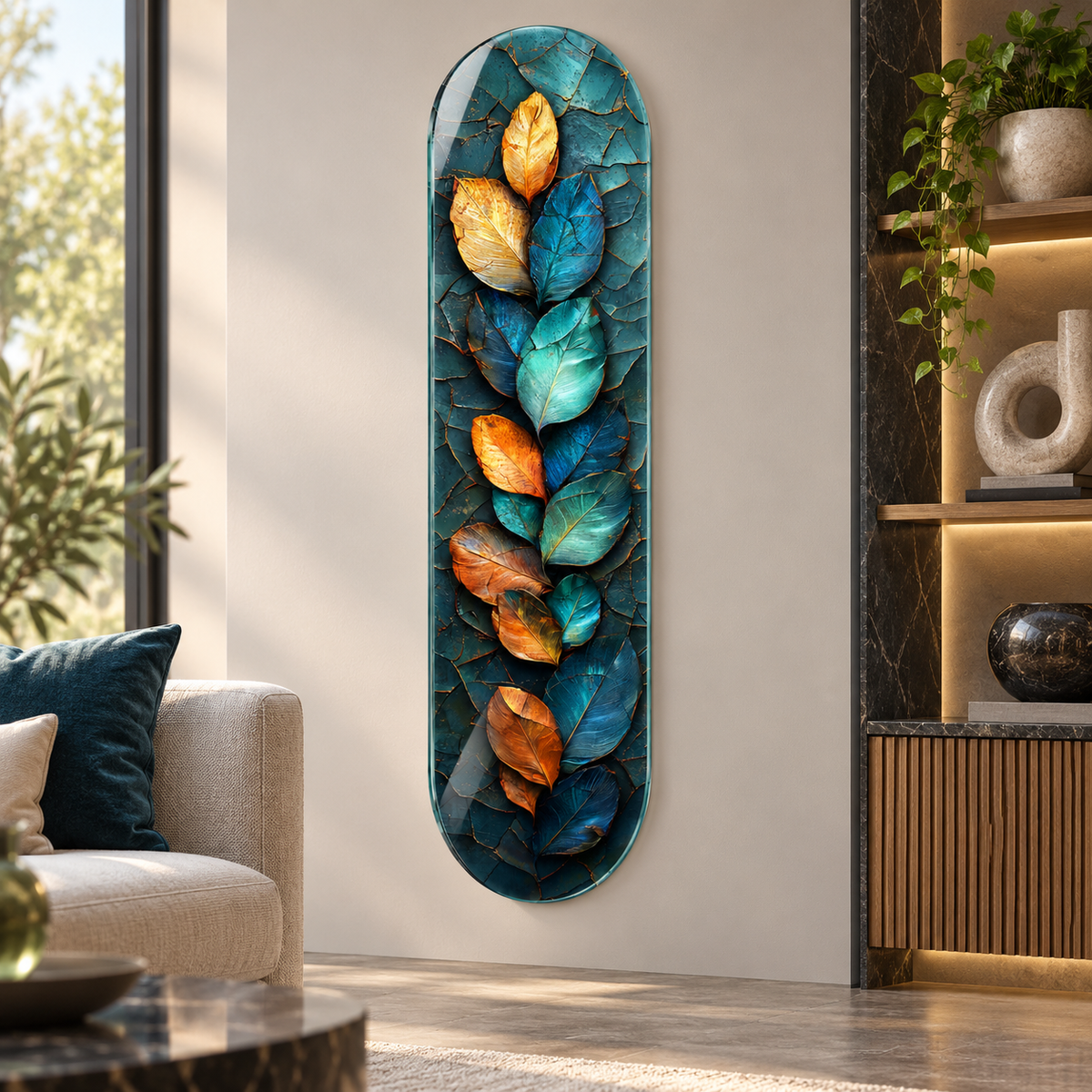 Turkuaz ve altın yaprak desenli Skate Board cam tablo - premium mekan