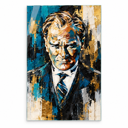 Turkuaz Gold Ekspresyonist Atatürk Portresi Dikey Cam Tablo - Beyaz zemin vitrin