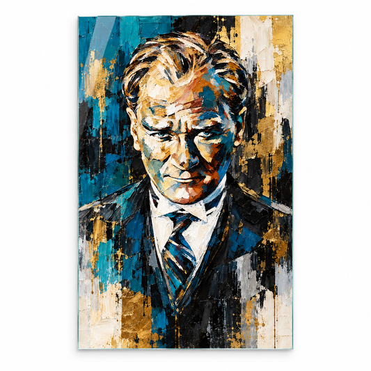 Turkuaz Gold Ekspresyonist Atatürk Portresi Dikey Cam Tablo - Beyaz zemin vitrin