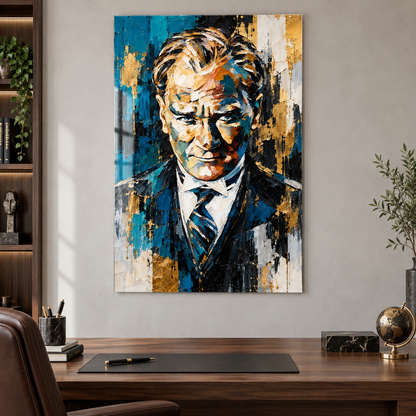 Turkuaz Gold Ekspresyonist Atatürk Portresi Dikey Cam Tablo - Çalışma odası