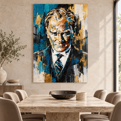 Turkuaz Gold Ekspresyonist Atatürk Portresi Dikey Cam Tablo - Yemek odası