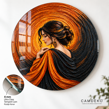 CAMDEKO turuncu siyah kadın portresi yuvarlak cam tablo 4 mm cam kenar detayı