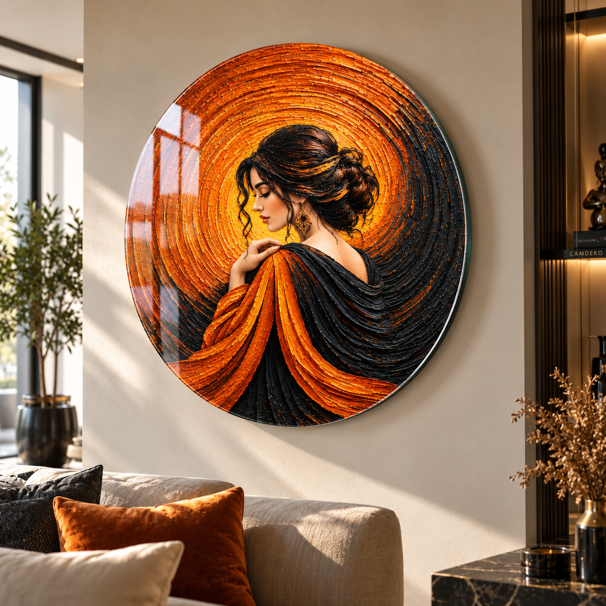 Turuncu siyah kadın portresi yuvarlak cam tablo modern salonda