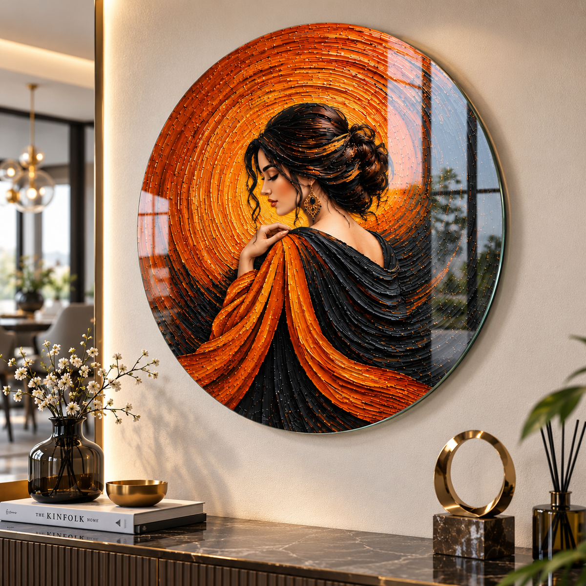 Turuncu siyah kadın portresi yuvarlak cam tablo modern konsol üzerinde