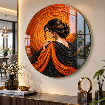 Turuncu siyah kadın portresi yuvarlak cam tablo modern konsol üzerinde
