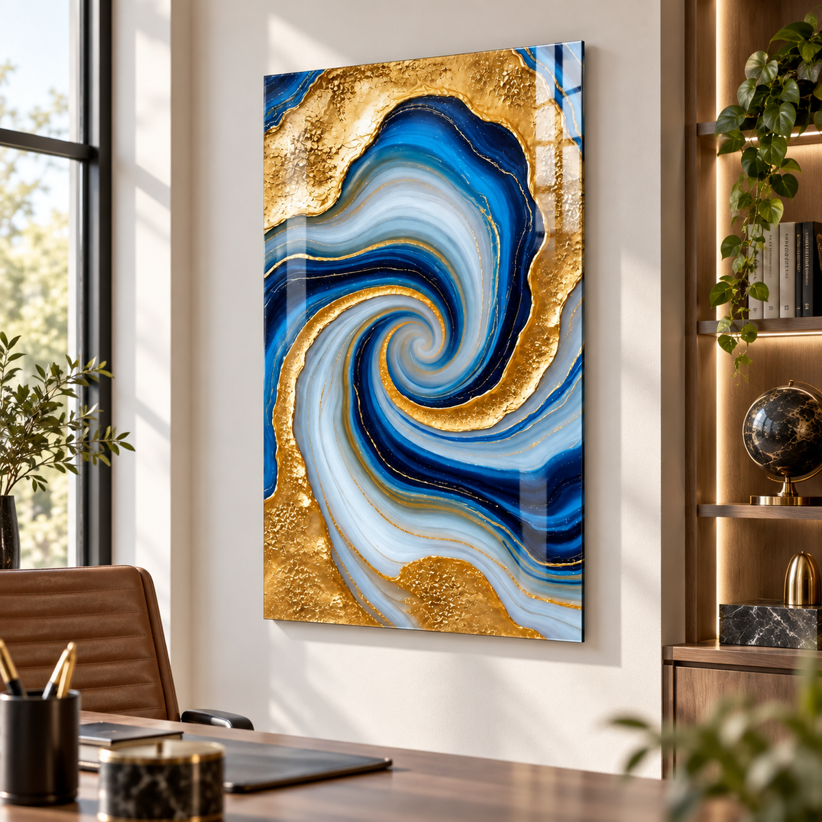 Mavi Gold Girdap Desenli Dikey Cam Tablo, modern çalışma odası dekorasyonu