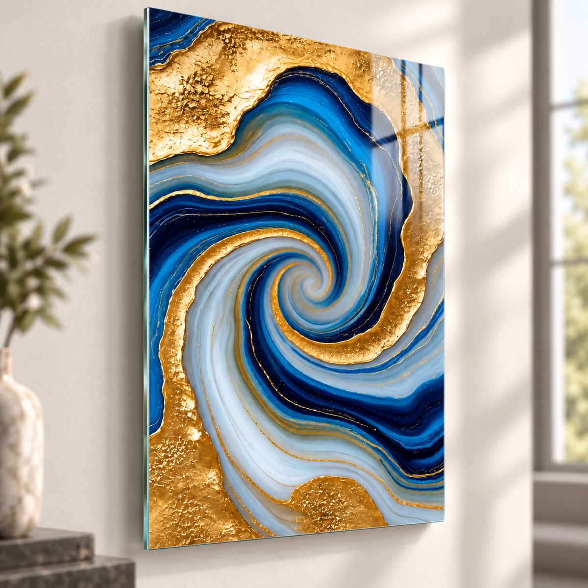 Mavi Gold Girdap Desenli Dikey Cam Tablo, ince rodajlı cam kenarı ve parlak yüzey görünümü