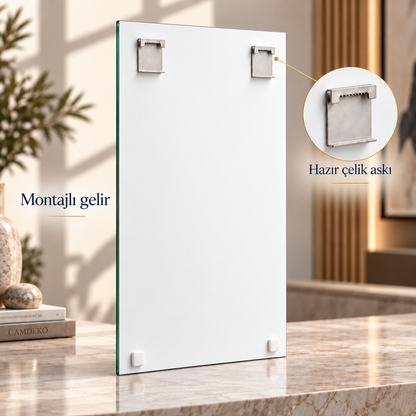 CAMDEKO dikey cam tablo beyaz arka yüzü, montajlı iki çelik askı aparatı ve iki beyaz denge tamponu