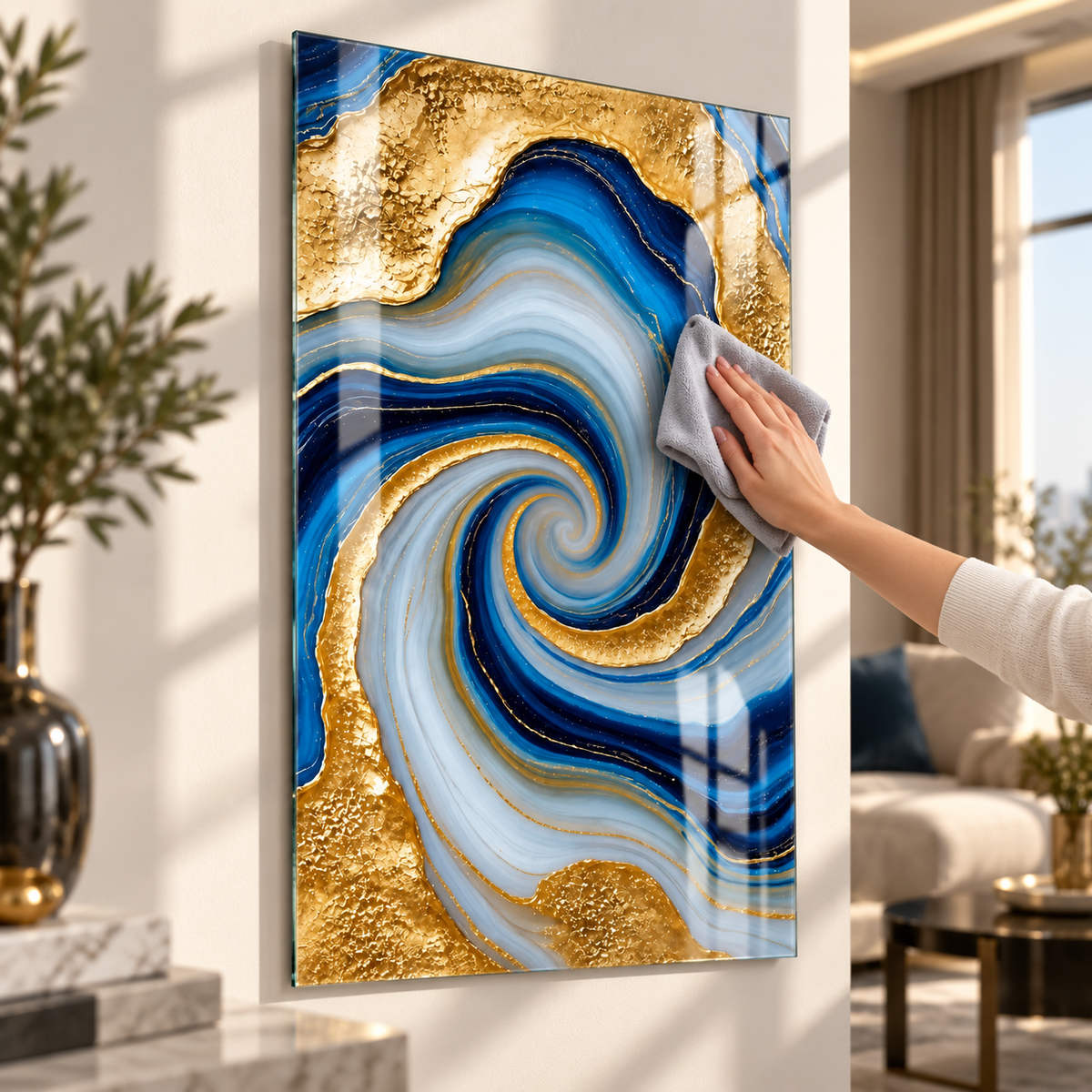 Mavi Gold Girdap Desenli Dikey Cam Tablo, mikrofiber bezle cam yüzey temizliği