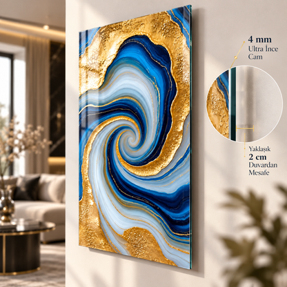 Mavi Gold Girdap Desenli Dikey Cam Tablo, 4 mm ince cam ve askı görünmeden yaklaşık 2 cm duvar mesafesi