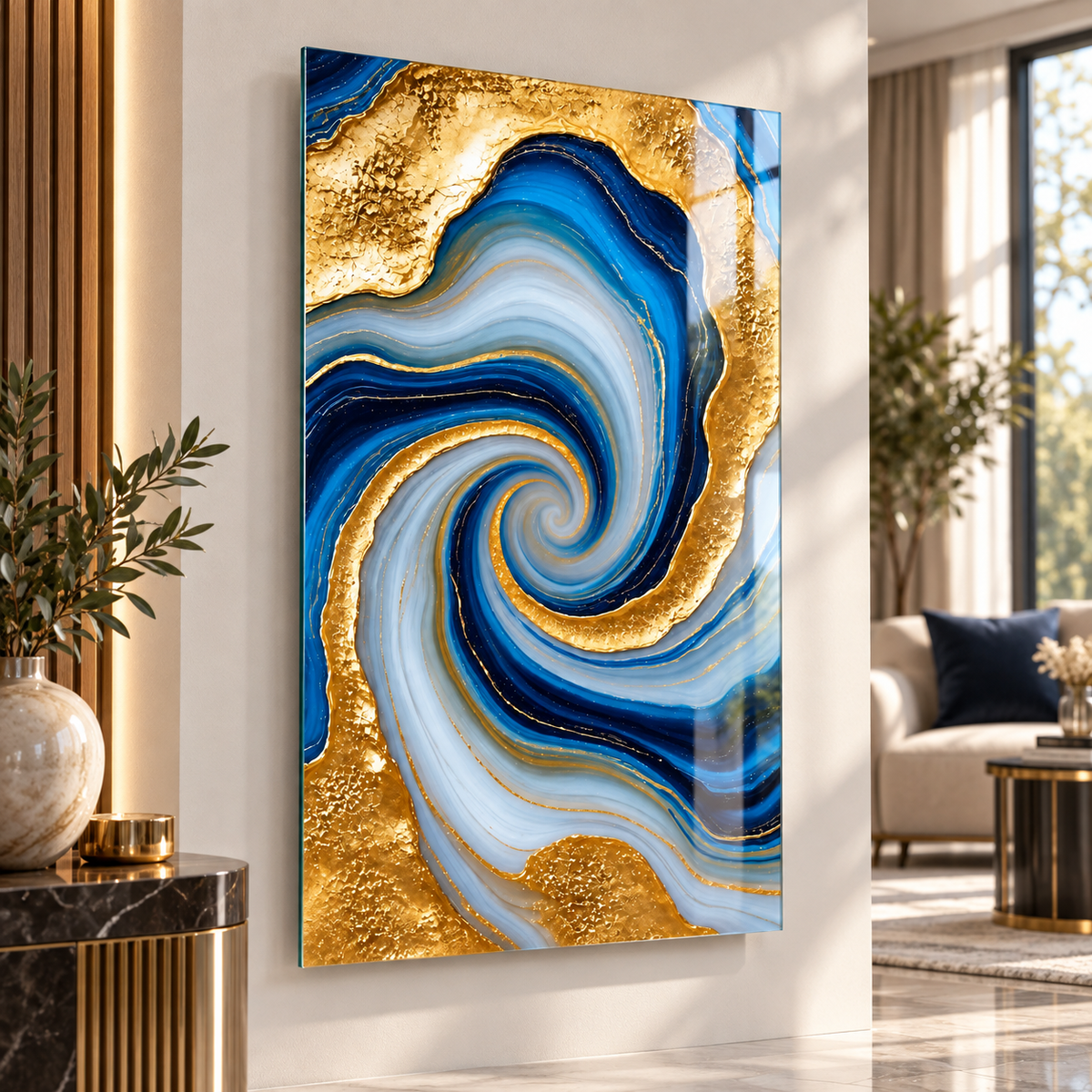 Mavi Gold Girdap Desenli Dikey Cam Tablo, farklı açıdan modern iç mekân görünümü