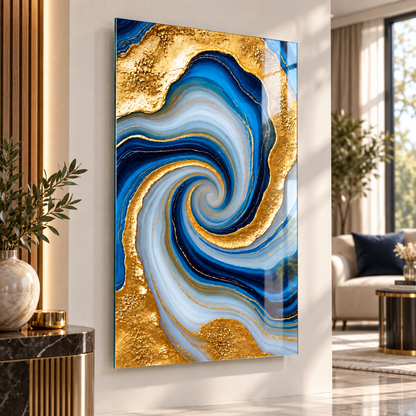 Mavi Gold Girdap Desenli Dikey Cam Tablo, farklı açıdan modern iç mekân görünümü