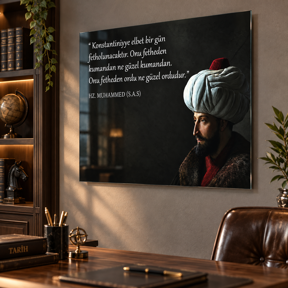 Fatih Sultan Mehmet Konstantiniyye sözü yatay cam tablo ofis ve kütüphane uygulaması