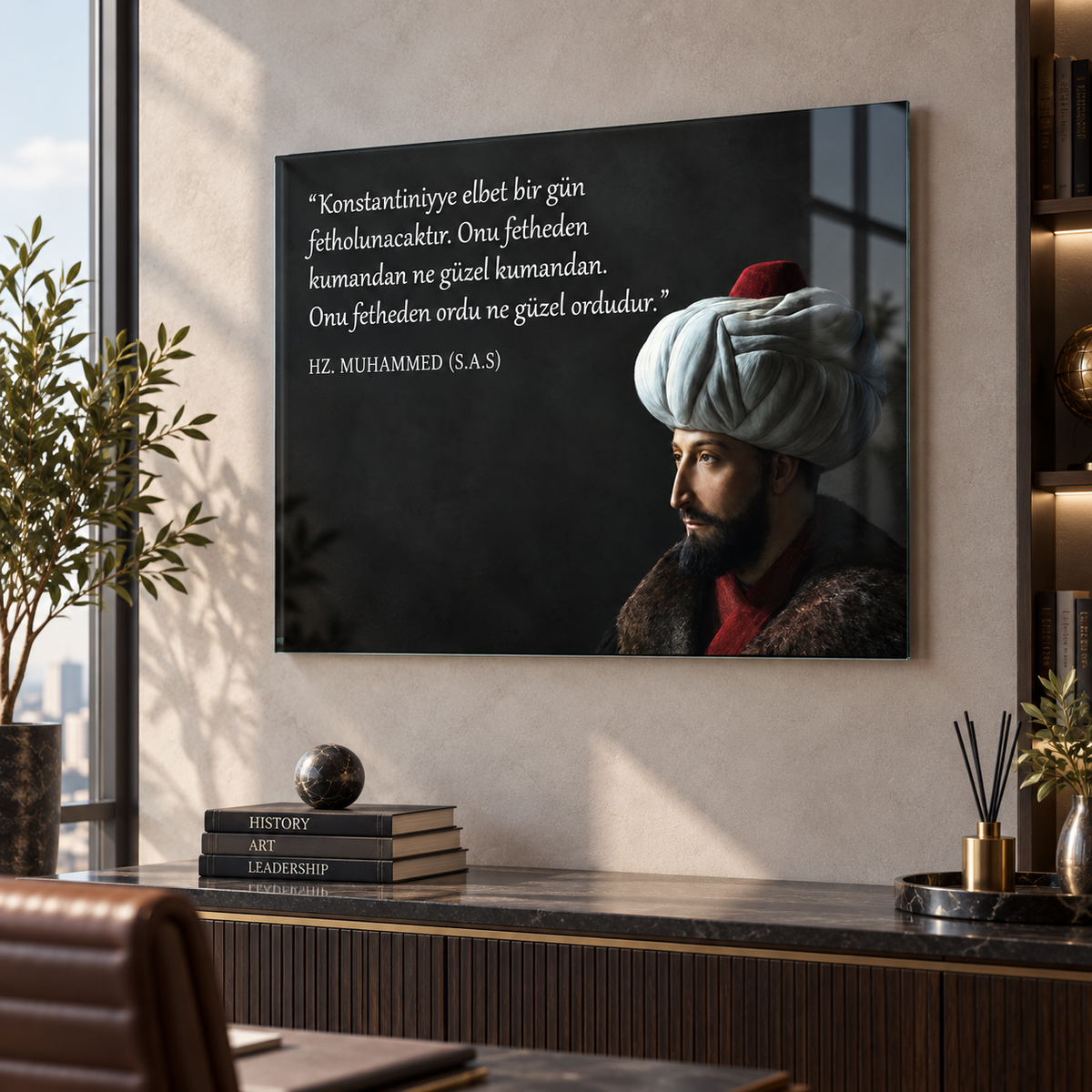 Fatih Sultan Mehmet Konstantiniyye sözü yatay cam tablo farklı dekorasyon görünümü