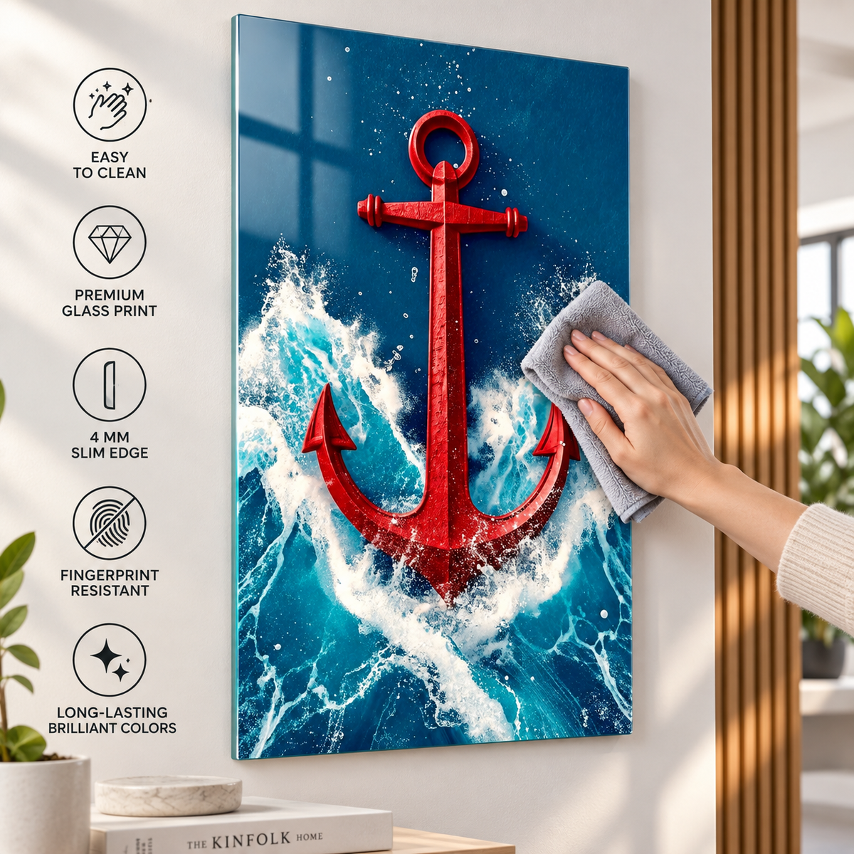 Kırmızı Çapa ve Deniz Dalgaları Dikey Cam Tablo, mikrofiber bezle cam yüzey temizliği