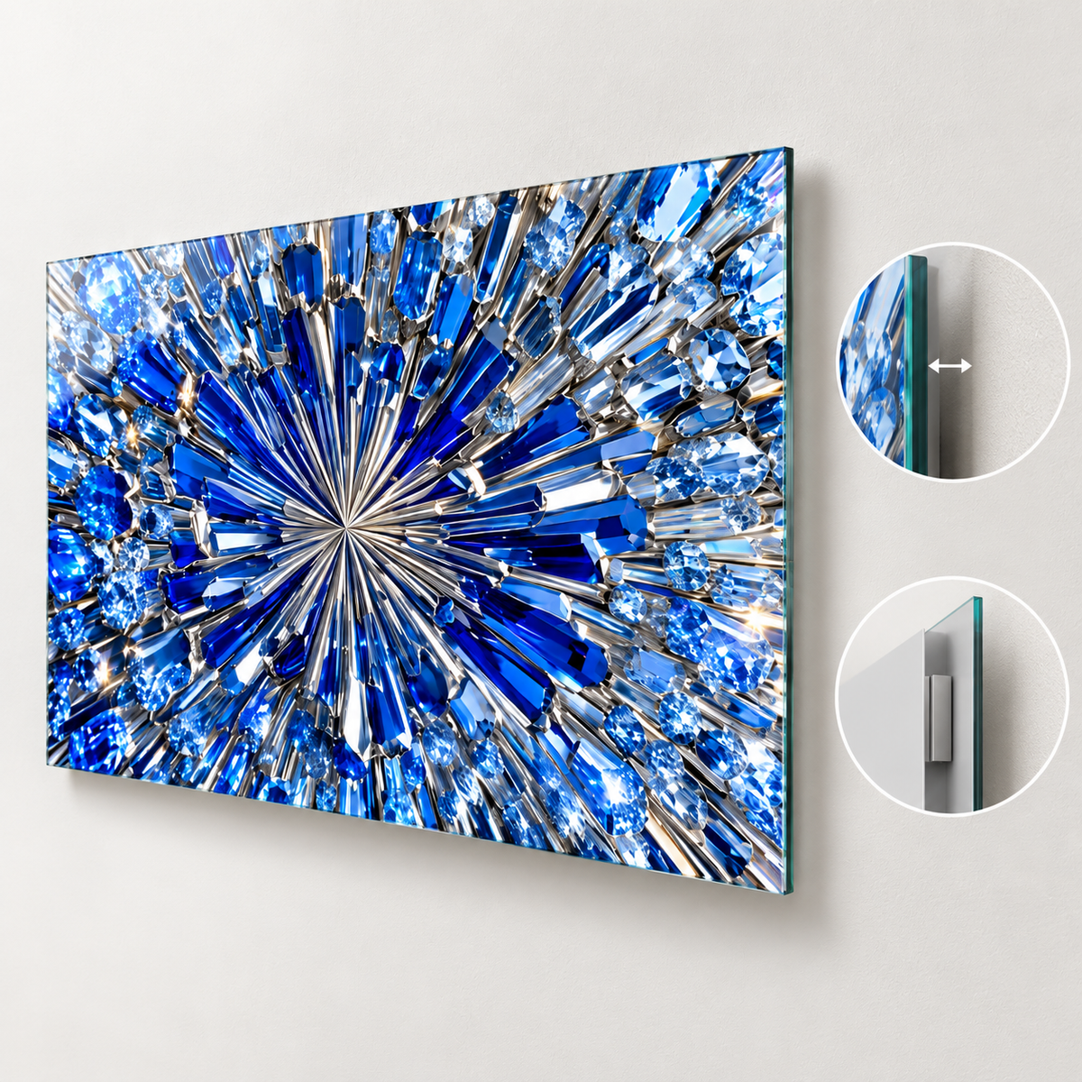 Safir mavi kristal desenli yatay cam tablonun yaklaşık 2 cm yüzer duvar görünümü