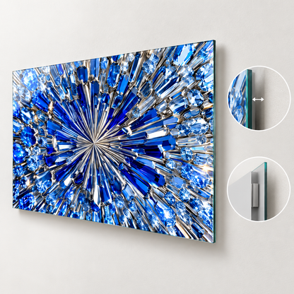 Safir mavi kristal desenli yatay cam tablonun yaklaşık 2 cm yüzer duvar görünümü