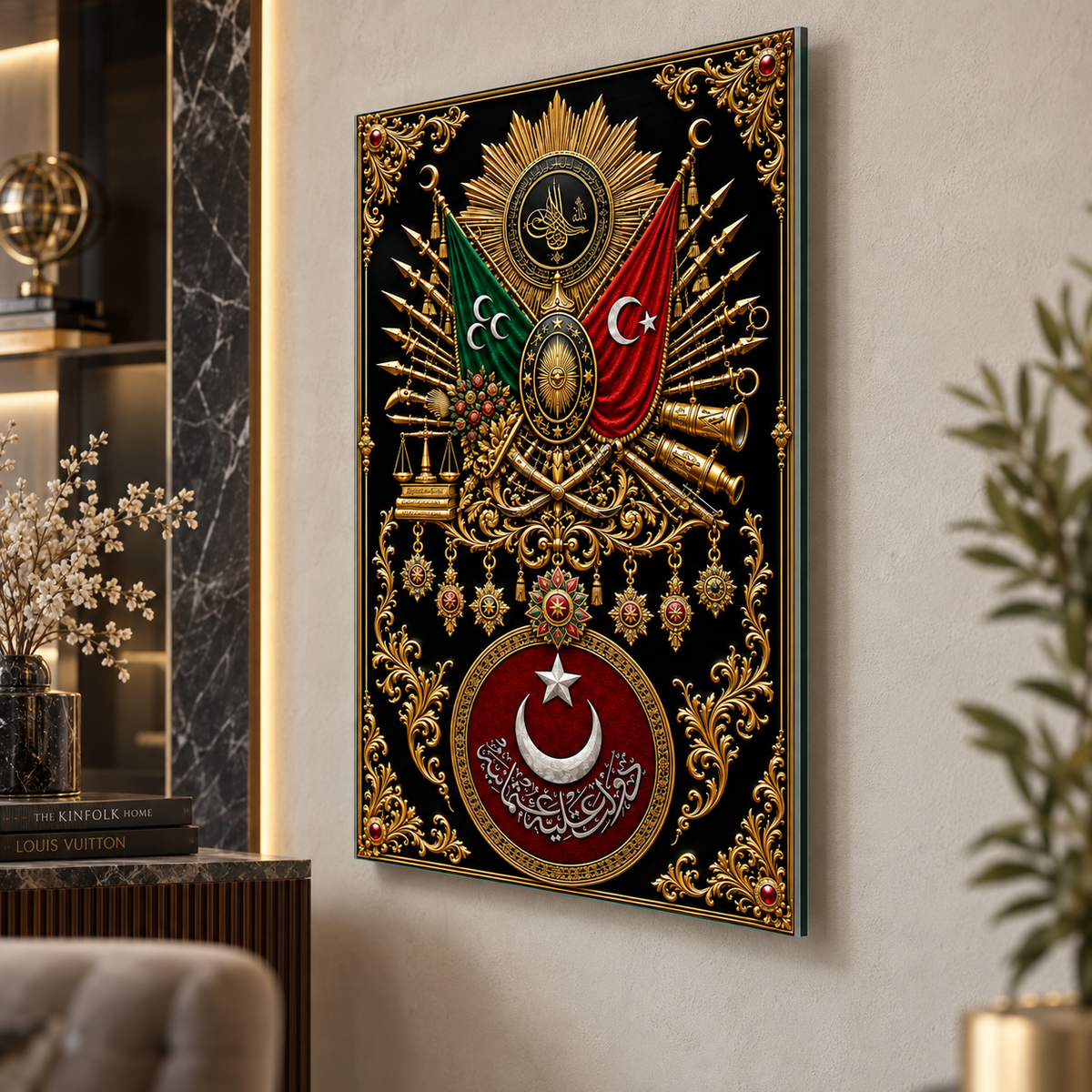 Osmanlı arması dikey cam tablo yaklaşık 2 cm duvar mesafesi ve yüzer görünüm