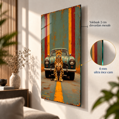 Leopar ve Klasik Araba Retro Dikey Cam Tablo, 4 mm cam kenarı ve yaklaşık 2 cm duvar mesafesi görünümü