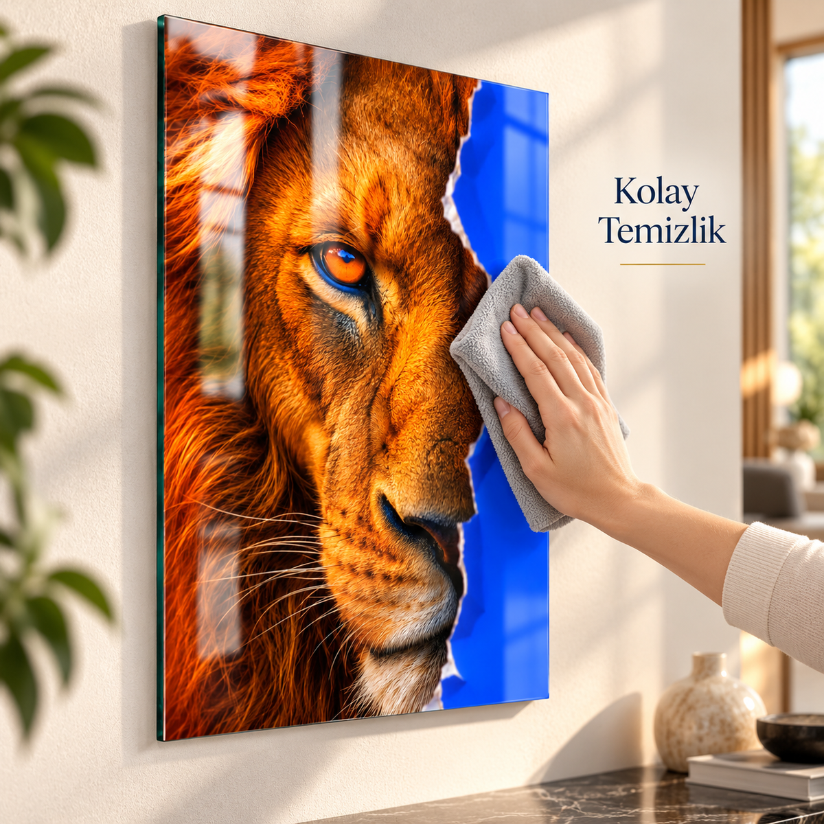 Mavi yırtık efektli aslan portresi dikey cam tablo, mikrofiber bezle kolay cam yüzey temizliği