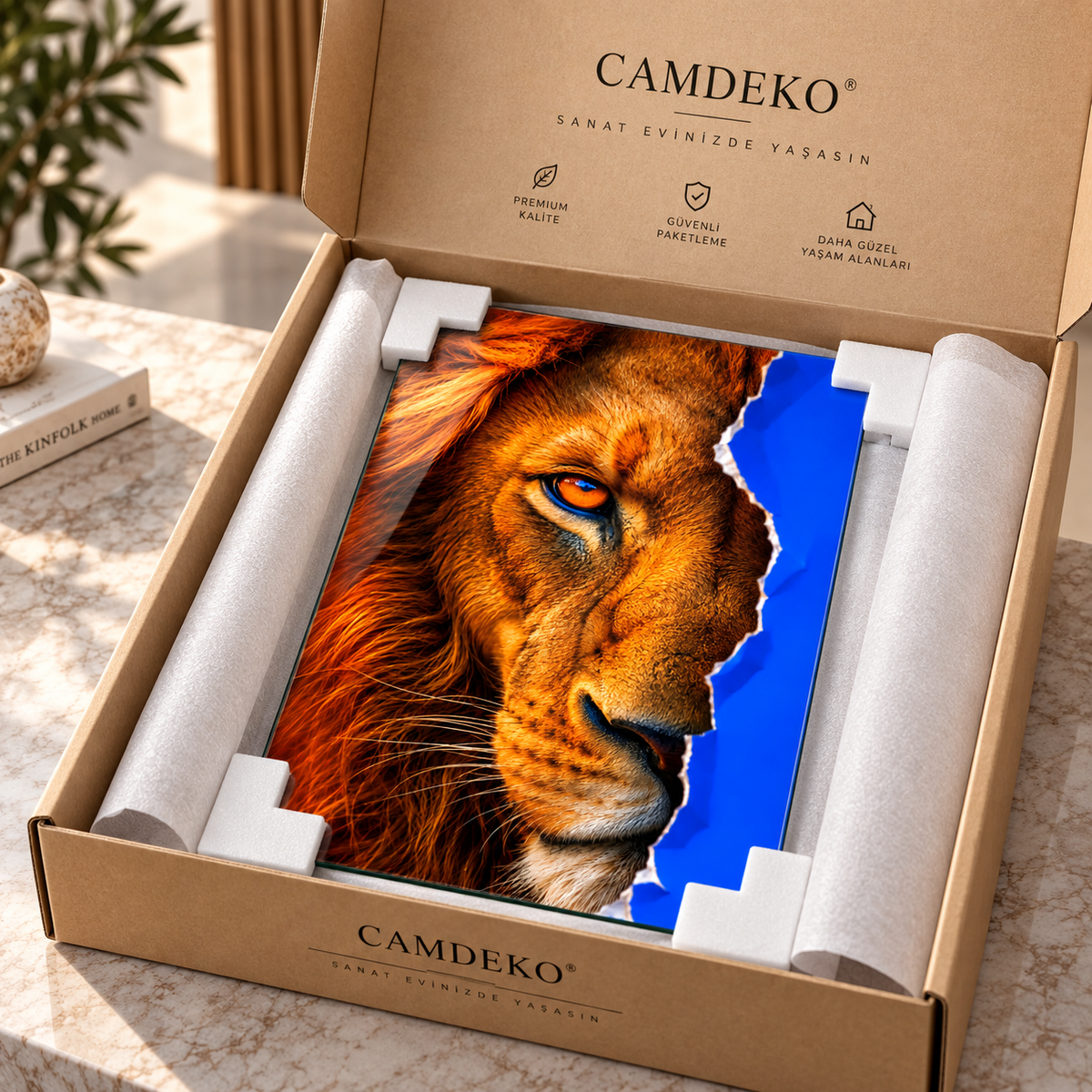 Mavi yırtık efektli aslan portresi dikey cam tablo, CAMDEKO kraft kutuda beyaz köşe koruyuculu paketleme