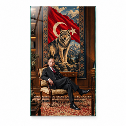 Türk bayrağı, kurt ve portre temalı dikey cam tablo beyaz zemin vitrin görseli