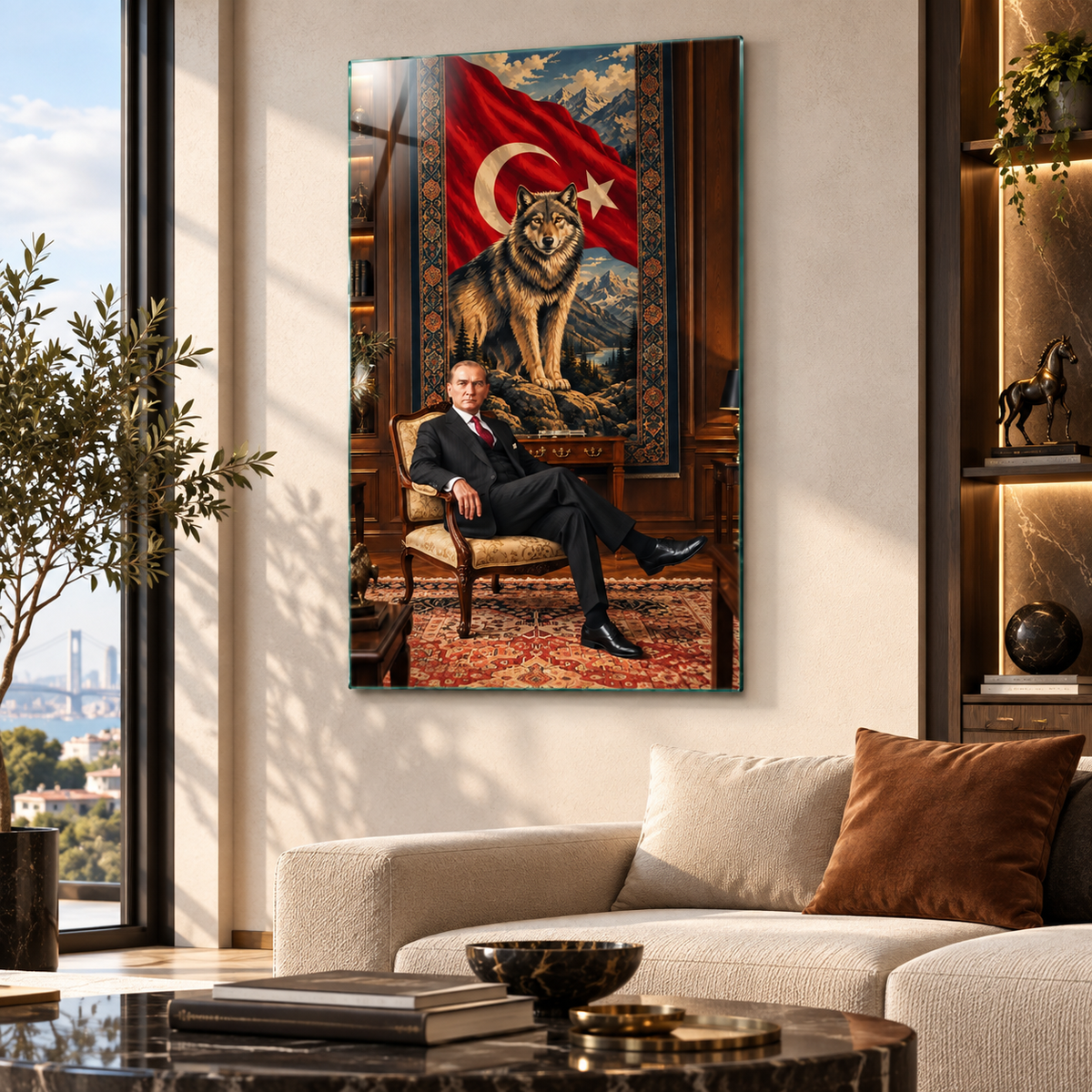 Türk bayrağı, kurt ve portre temalı dikey cam tablo salon duvar uygulaması