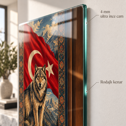 Türk bayrağı ve kurt temalı dikey cam tablo 4 mm ince rodajlı cam kenar detayı
