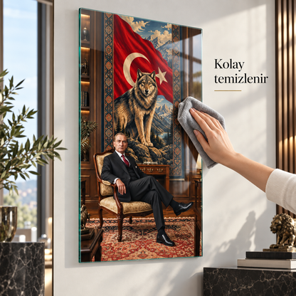 Türk bayrağı, kurt ve portre temalı dikey cam tablo mikrofiber bezle kolay temizlik detayı