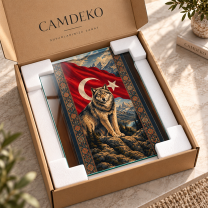 Türk bayrağı ve kurt temalı dikey cam tablo CAMDEKO koruyucu paketleme görseli
