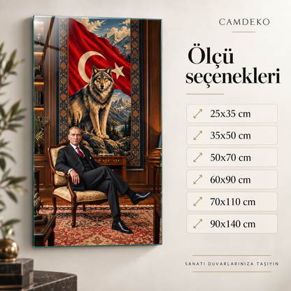 Türk bayrağı, kurt ve portre temalı dikey cam tablo ölçü seçenekleri görseli