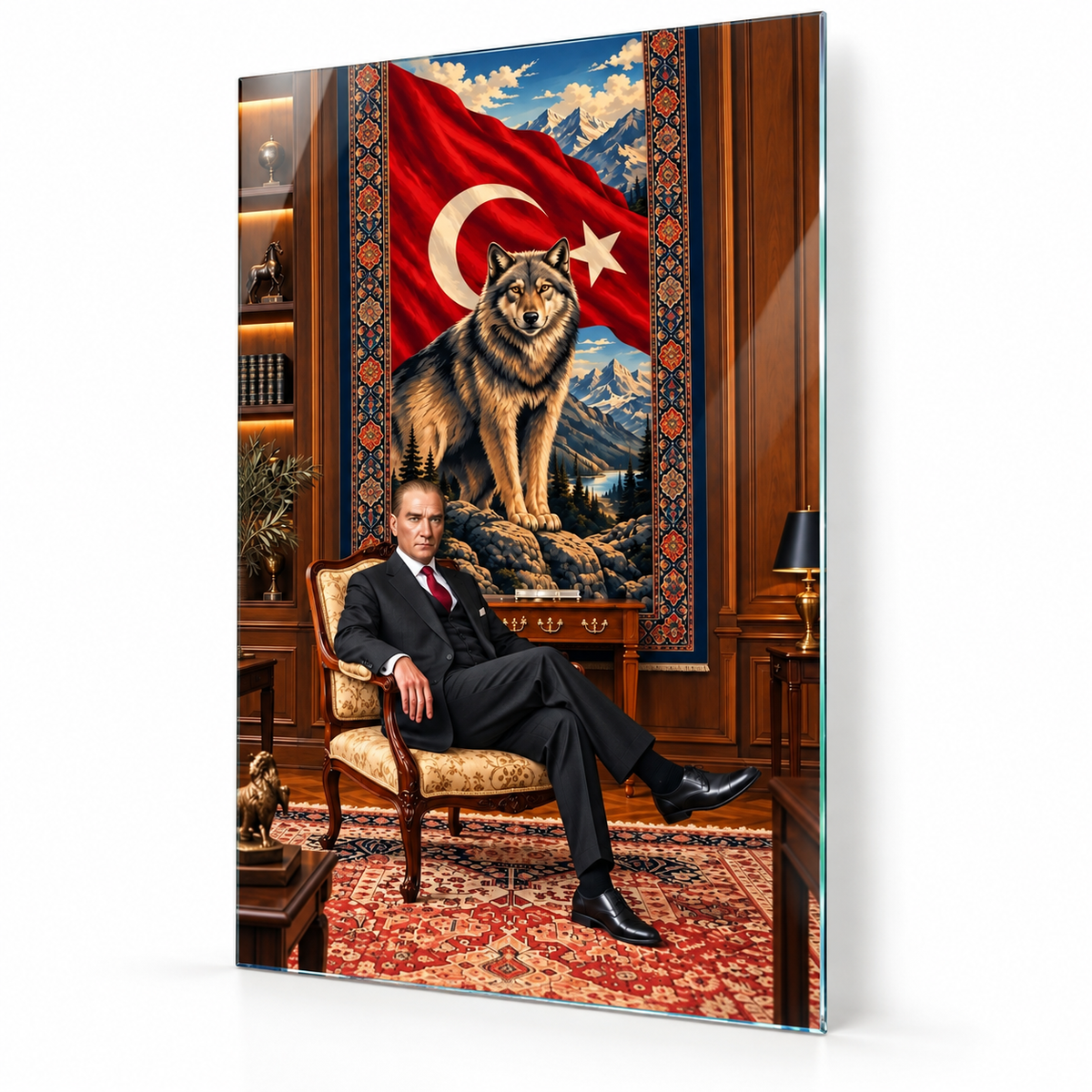Türk Bayrağı, Kurt ve Atatürk Temalı Dikey Cam Tablo - Beyaz zemin vitrin
