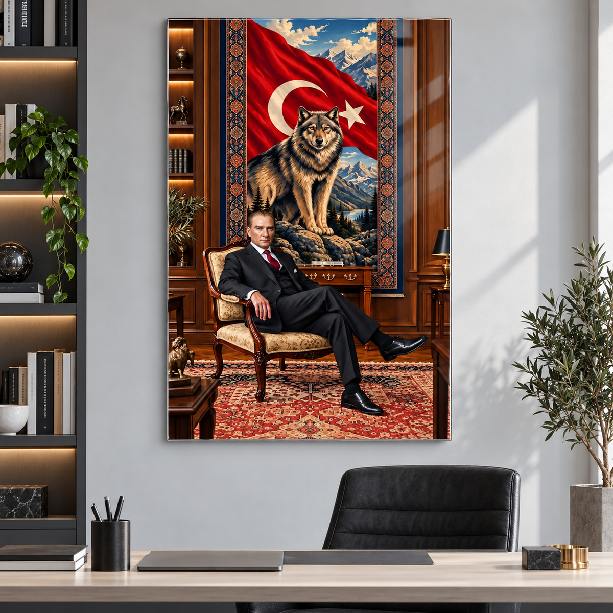 Türk Bayrağı, Kurt ve Atatürk Temalı Dikey Cam Tablo - Çalışma odası