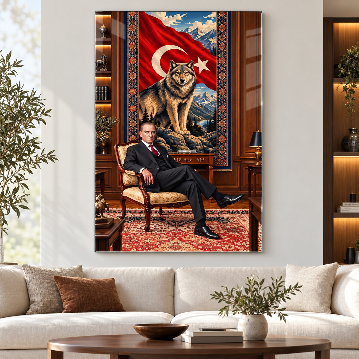 Türk Bayrağı, Kurt ve Atatürk Temalı Dikey Cam Tablo - Premium salon