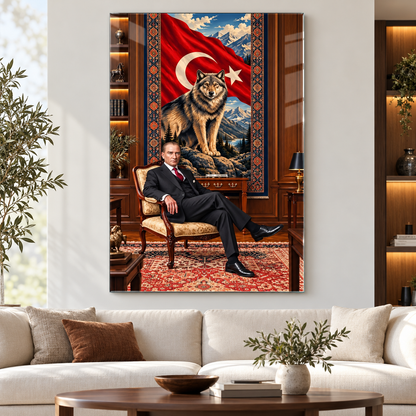 Türk Bayrağı, Kurt ve Atatürk Temalı Dikey Cam Tablo - Premium salon