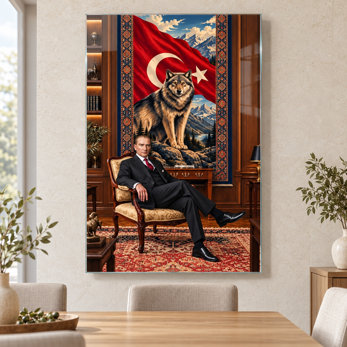 Türk Bayrağı, Kurt ve Atatürk Temalı Dikey Cam Tablo - Yemek odası