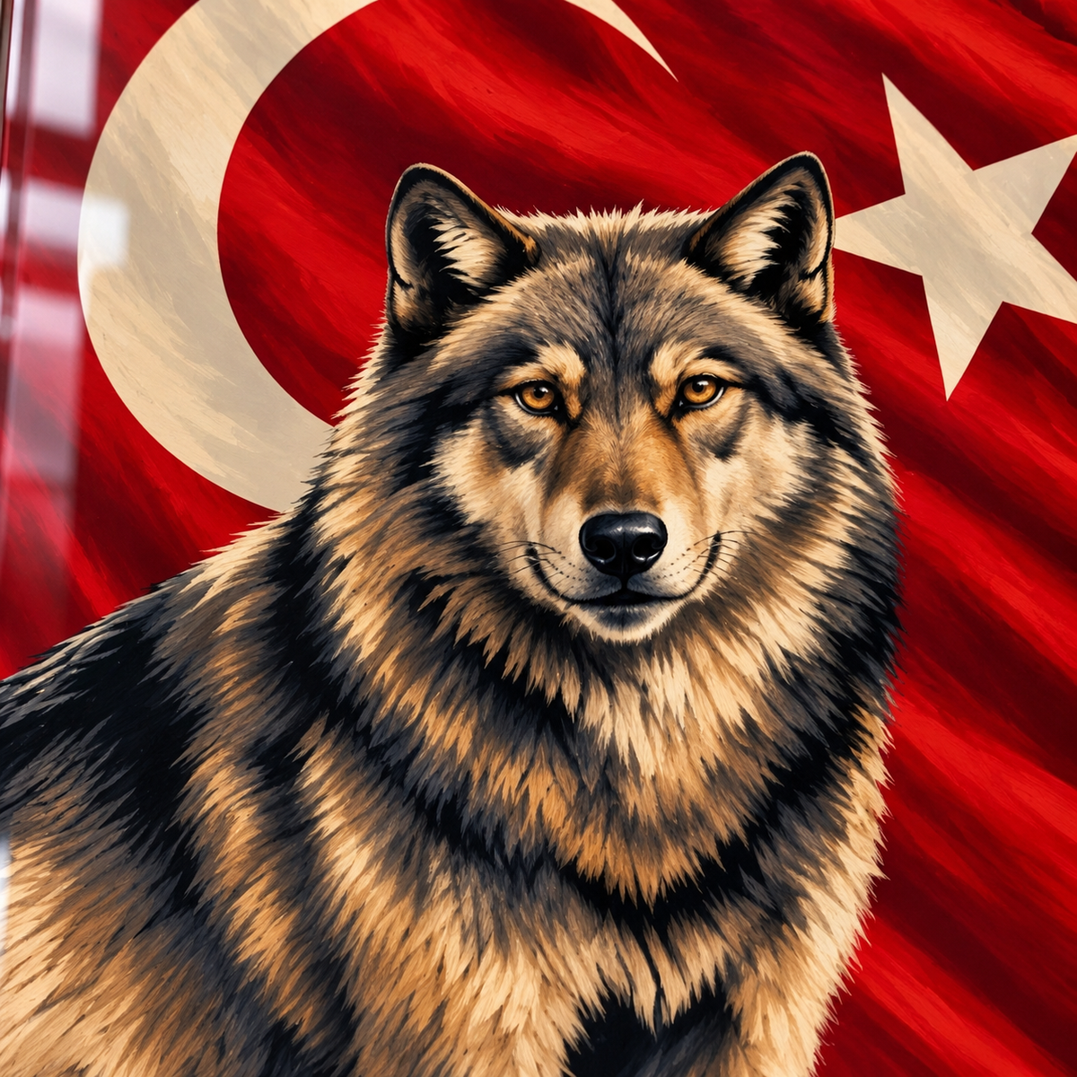 Türk Bayrağı, Kurt ve Atatürk Temalı Dikey Cam Tablo - UV baskı detayı