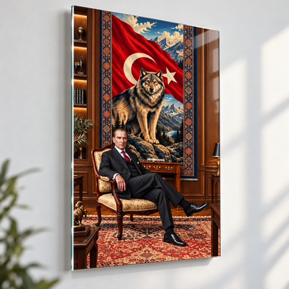 Türk Bayrağı, Kurt ve Atatürk Temalı Dikey Cam Tablo - Duvar mesafesi