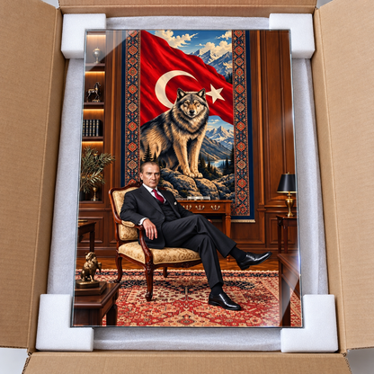 Türk Bayrağı, Kurt ve Atatürk Temalı Dikey Cam Tablo - Koruyucu paketleme
