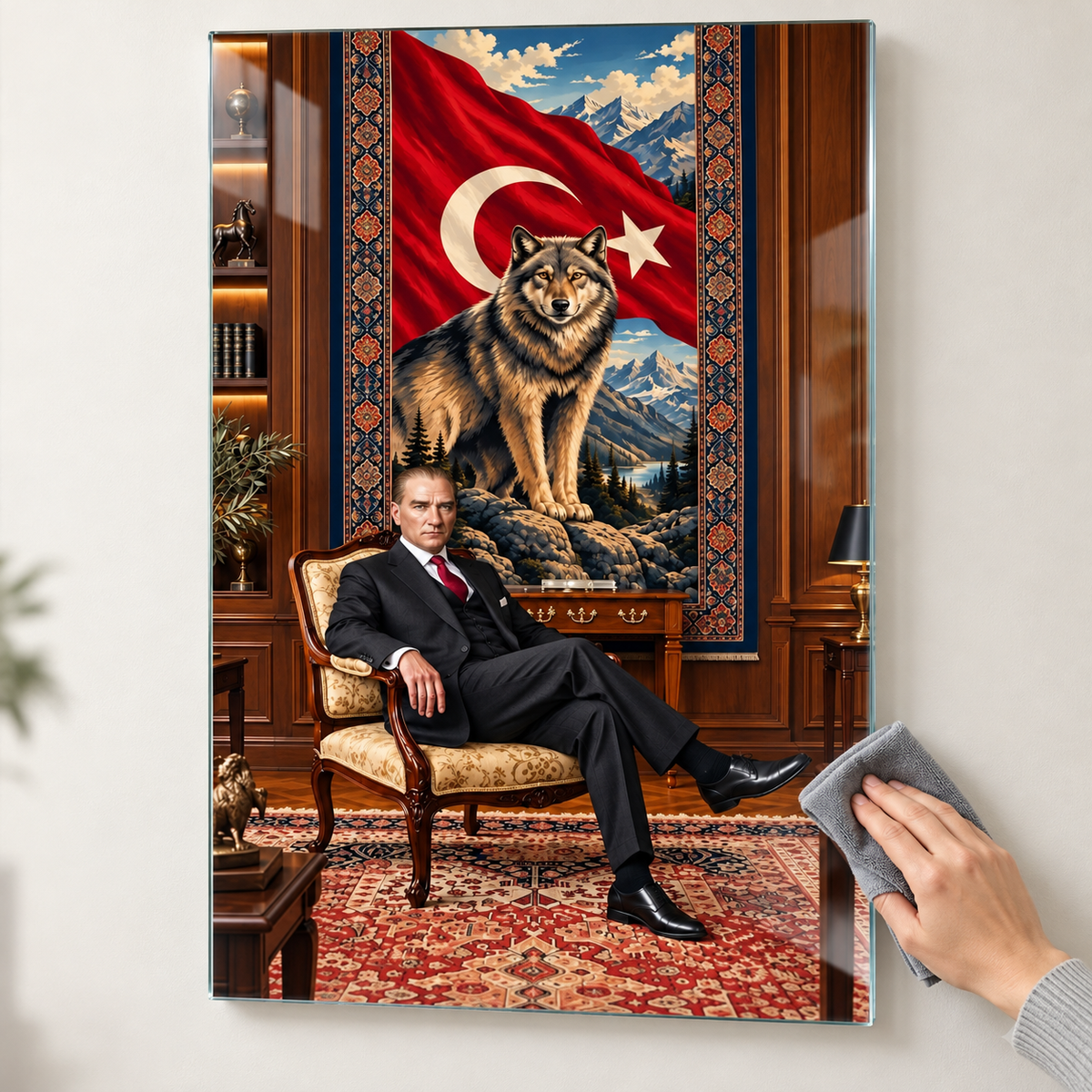 Türk Bayrağı, Kurt ve Atatürk Temalı Dikey Cam Tablo - Kolay temizlik