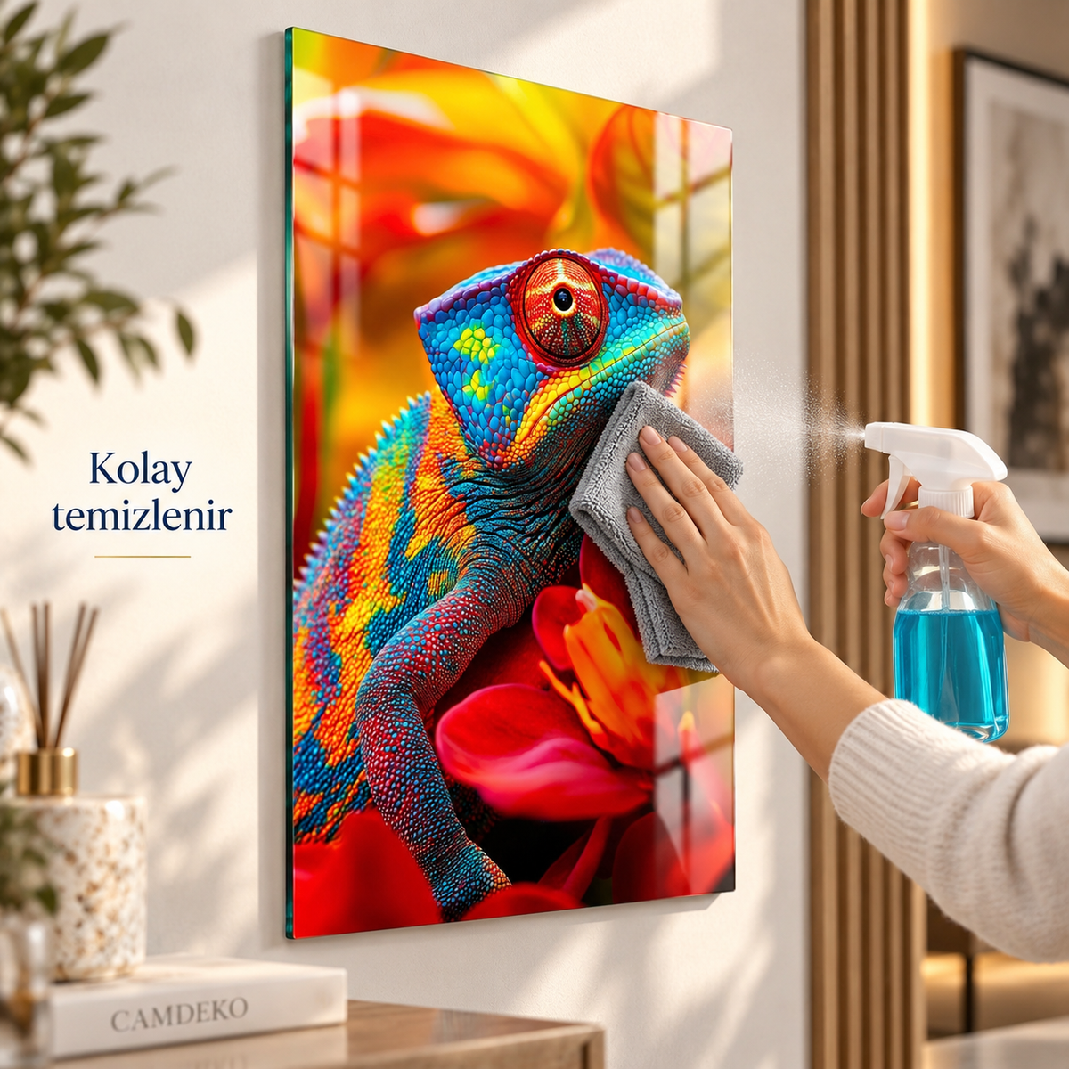Renkli bukalemun ve çiçekler temalı dikey cam tablo mikrofiber bez ve camsil ile kolay temizlik detayı