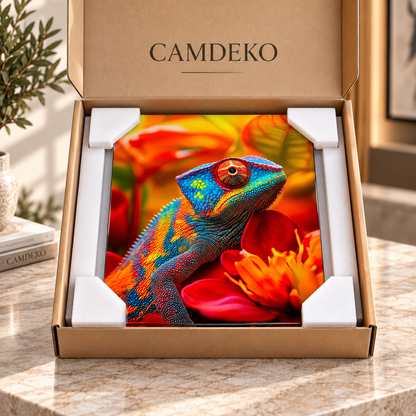 Renkli bukalemun ve çiçekler temalı dikey cam tablo CAMDEKO koruyucu paketleme görseli