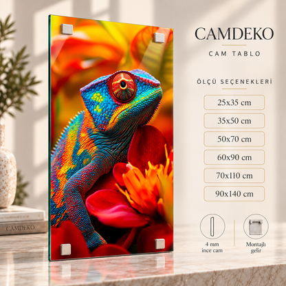 Renkli bukalemun ve çiçekler temalı dikey cam tablo ölçü seçenekleri görseli
