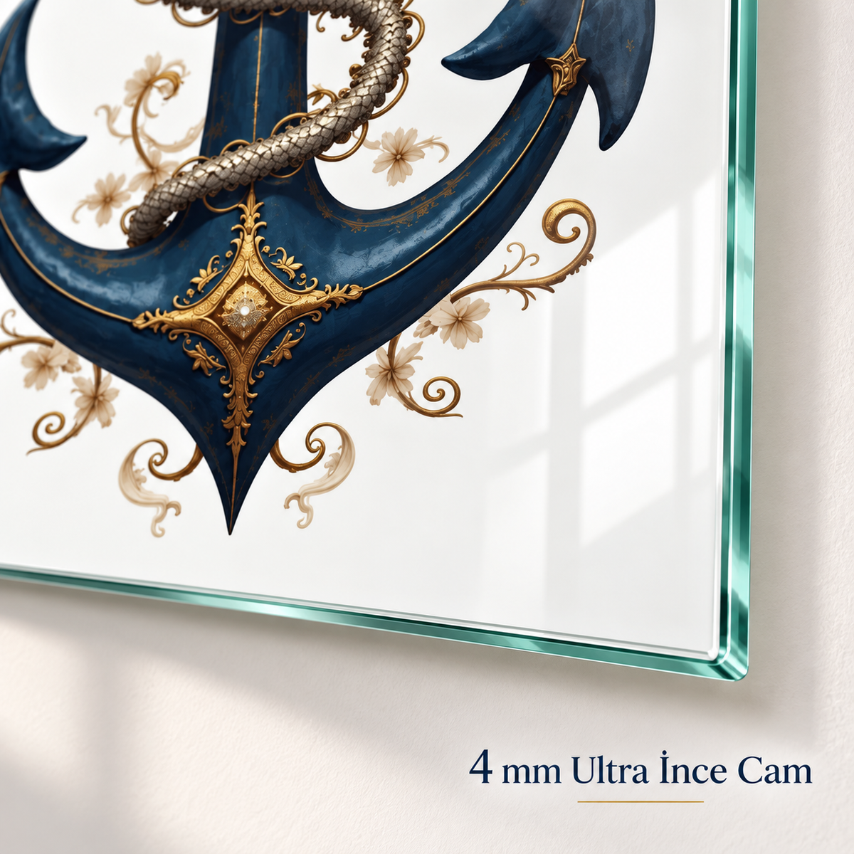 Lacivert gold barok çapa motifli dikey cam tablo 4 mm ince rodajlı cam kenar detayı