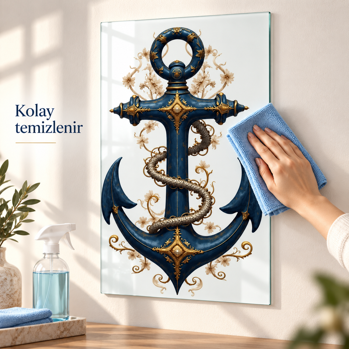 Lacivert gold barok çapa motifli dikey cam tablo mikrofiber bezle kolay temizlik detayı